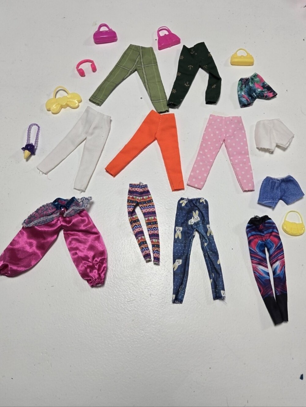 Barbie Doll Clothes 6 pants, 3 leggings, 3 shorts, 6 purses, 1 headphones